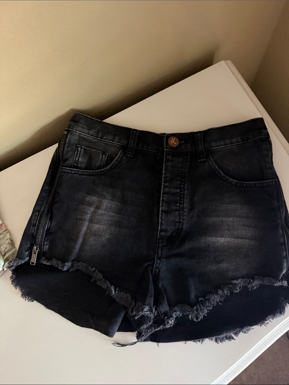One Teaspoon Black High-Waist Frayed Denim Shorts